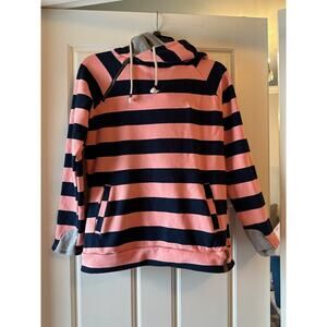 Women's & Ampersand‎ Ave Double Hood L/S Striped Hoodie, Size L- Coral/Navy
